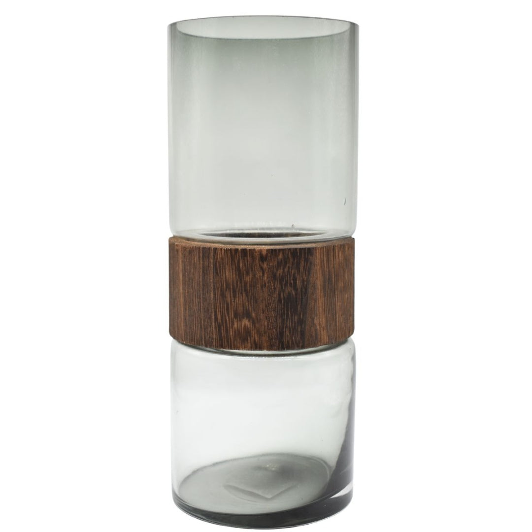 Jarrón de vidrio y madera decorativo 25x10cm