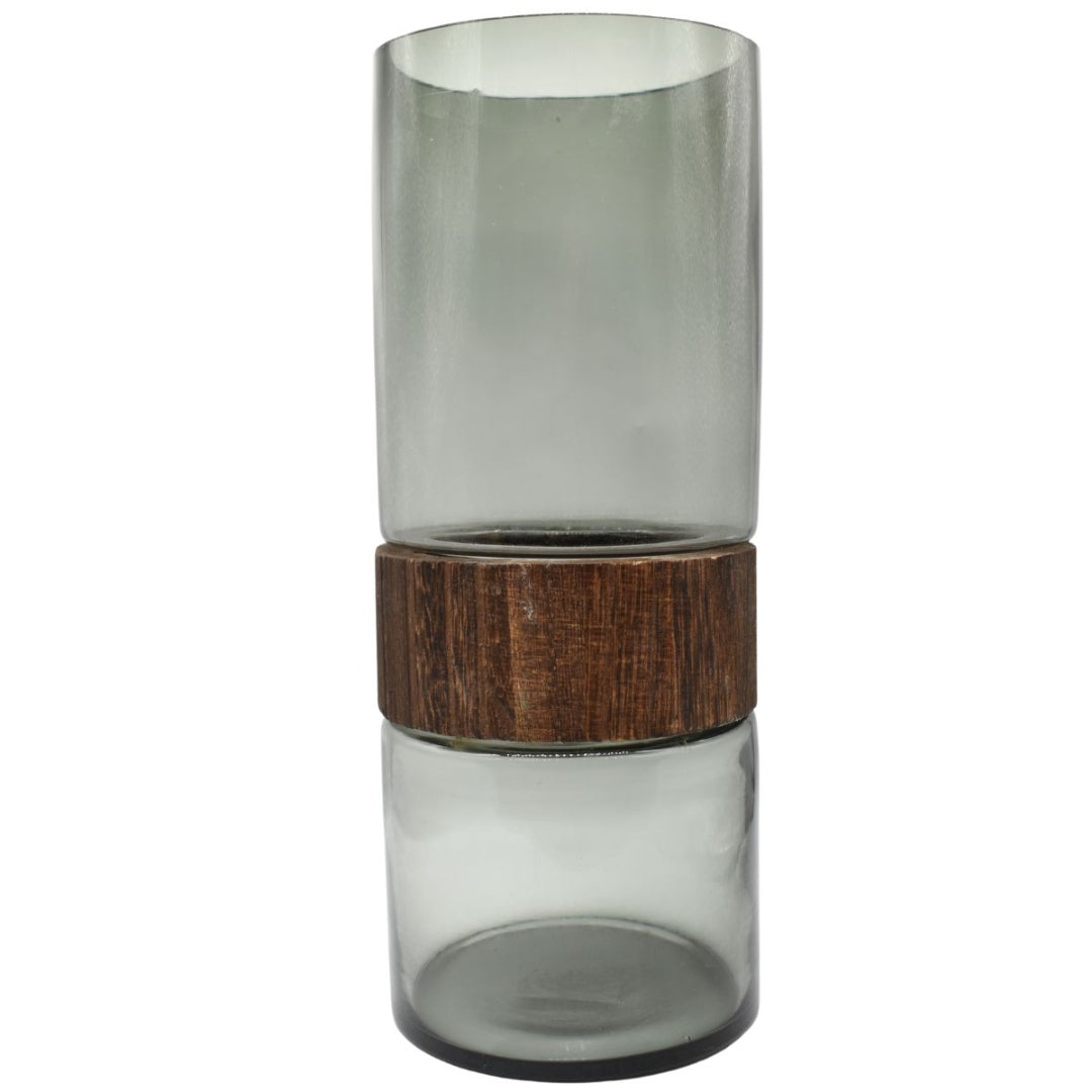 Jarrón de vidrio y madera decorativo 30x12cm