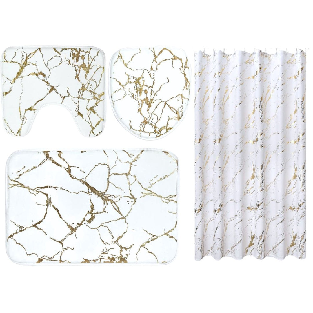 Set de alfombras y cortina de baño 4pcs. Blanco