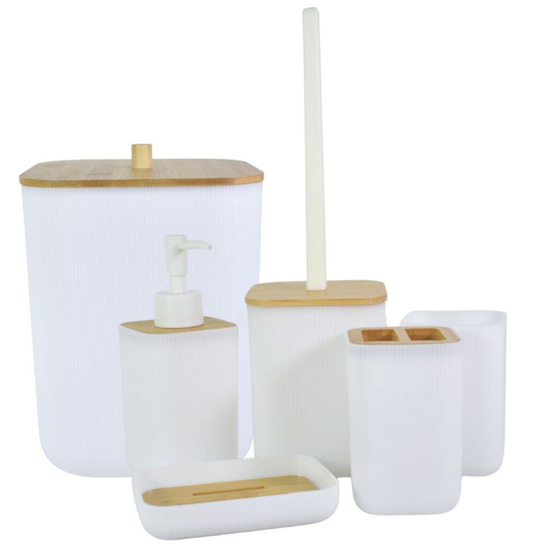 Set para baño de plástico y bamboo 6pcs. Blanco