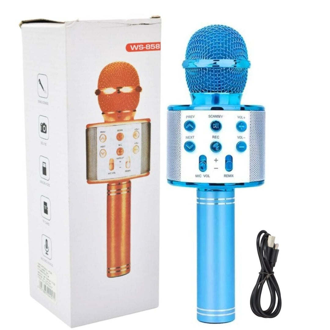 Micrófono parlante karaoke bluetooth 22x7cm. Azul