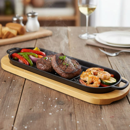 Plancha de hierro fundido con base de madera