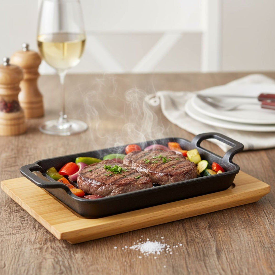 Plancha de hierro fundido con base de madera