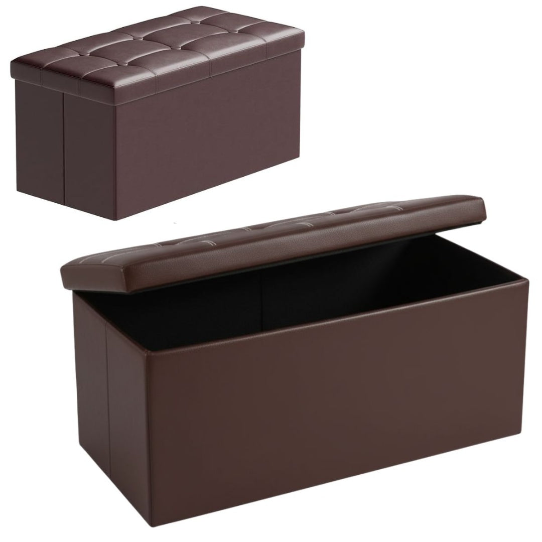 Banco puff baúl plegable capitoneado 76x37x37cm. Marrón