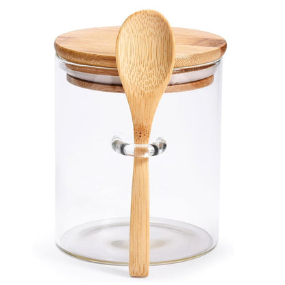 Frasco de vidrio con tapa y cuchara de madera 10.5x8.5cm.