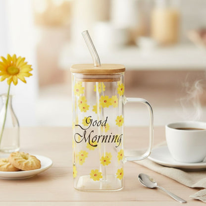 Vaso de vidrio con tapa de madera y sorbito
