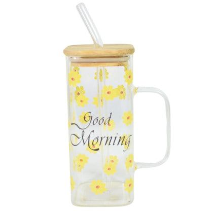 Vaso de vidrio con tapa de madera y sorbito