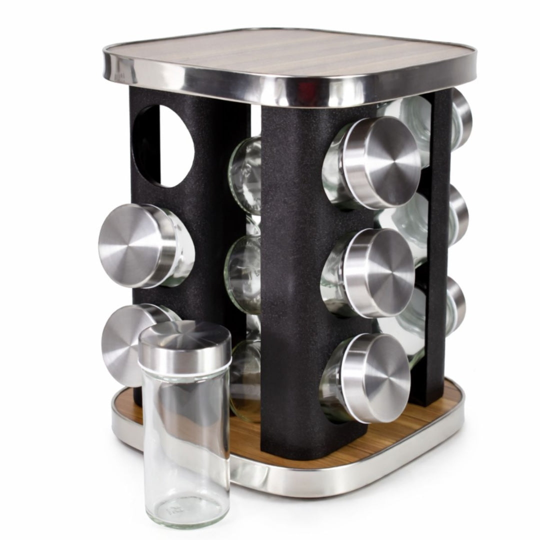 Condimenteros x12 unidades con soporte giratorio plateado