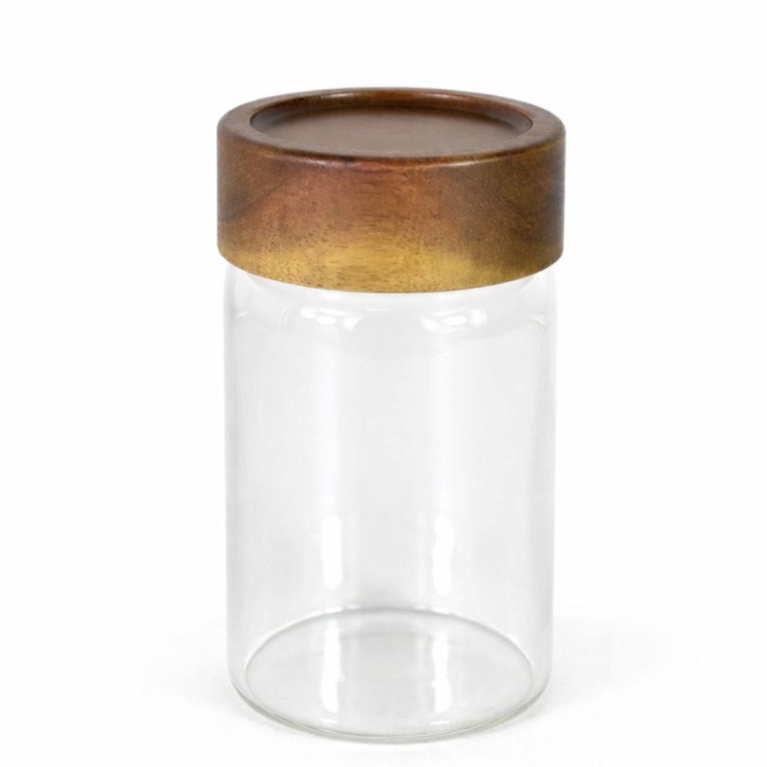 Recipiente de vidrio con tapa de madera 10x6.5cm.