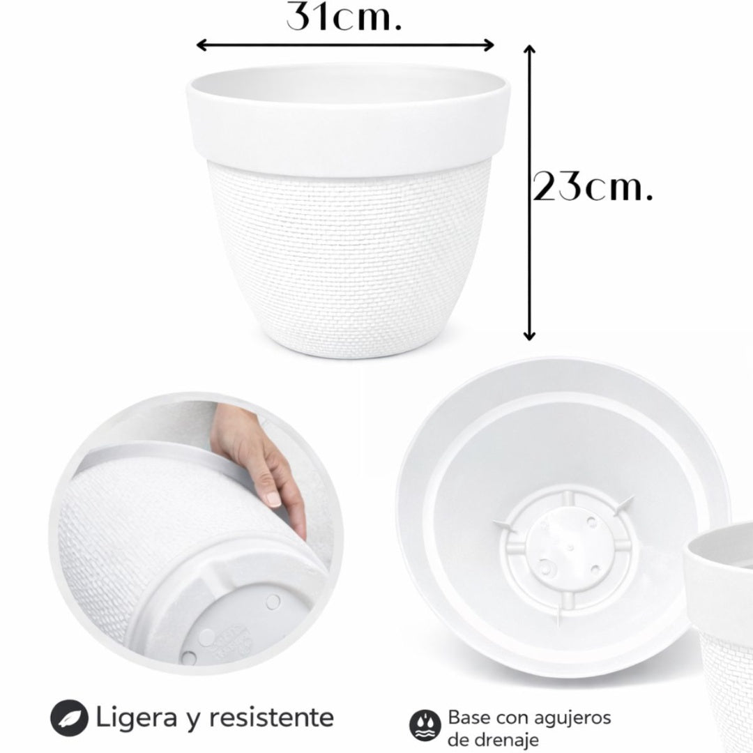 Maceta plástica blanca texturizada 31x23cm.