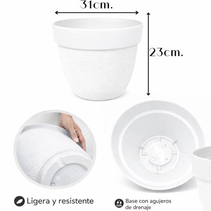 Maceta plástica blanca texturizada 31x23cm.