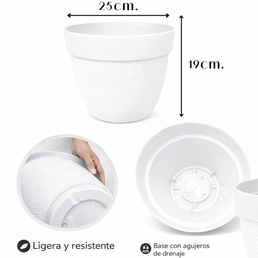 Maceta plástica blanca texturizada 25x19cm.