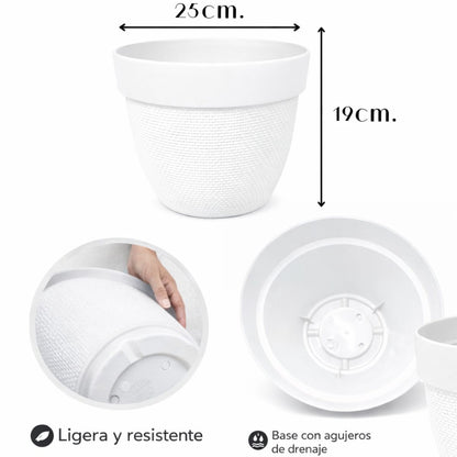 Maceta plástica blanca texturizada 25x19cm.