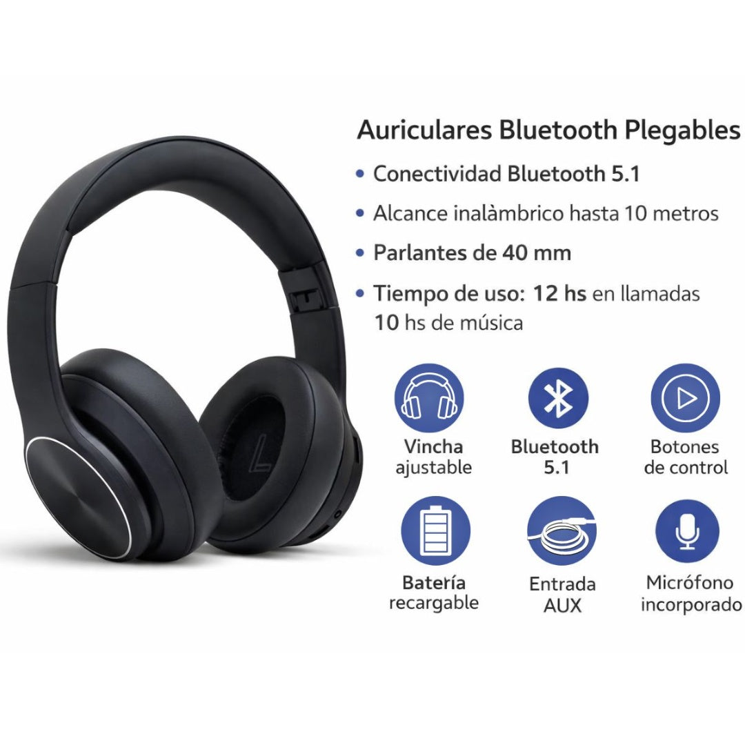 Auriculares bluetooth inalámbricos plegables negros