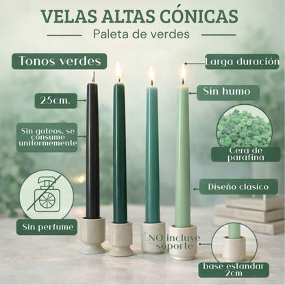 Velas cónicas de cera verdes x4 unidades