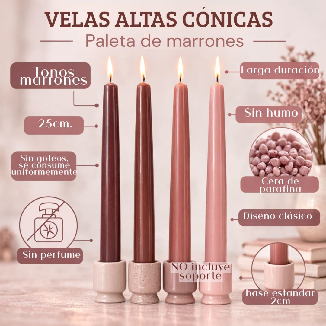 Velas cónicas de cera marrones x4 unidades