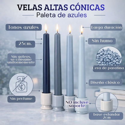 Velas cónicas de cera azules x4 unidades