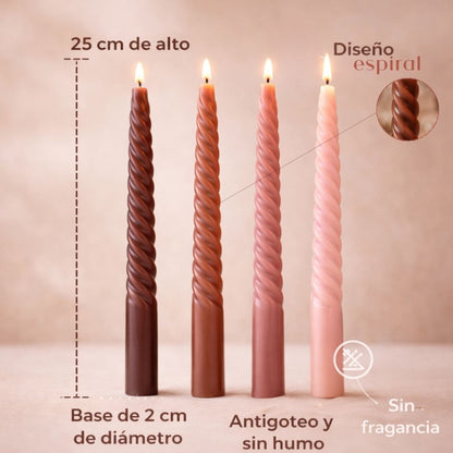Velas cónicas de cera marrones espiral x4 unidades