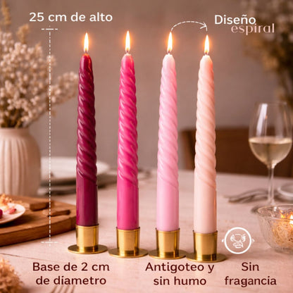 Velas cónicas de cera rosa espiral x4 unidades