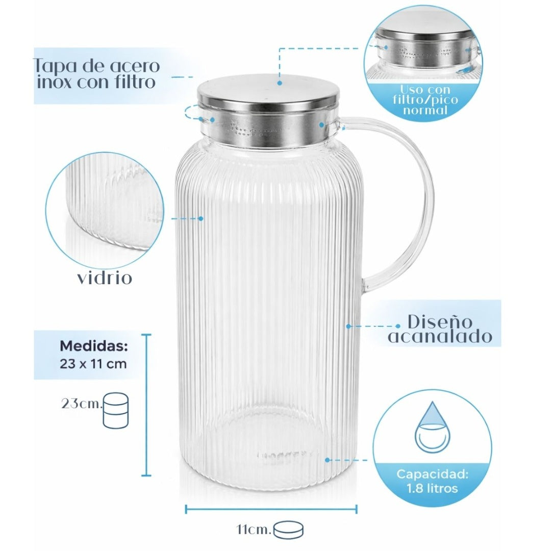Jarra de vidrio con tapa y asa 1.8lts