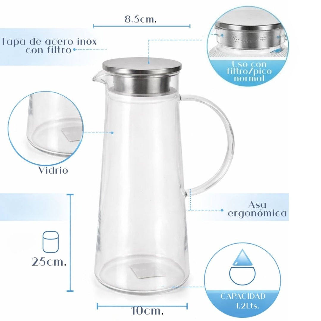 Jarra de vidrio con tapa y asa 1.2lts