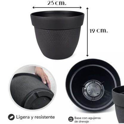 Maceta plástica negra texturizada 25x19cm.