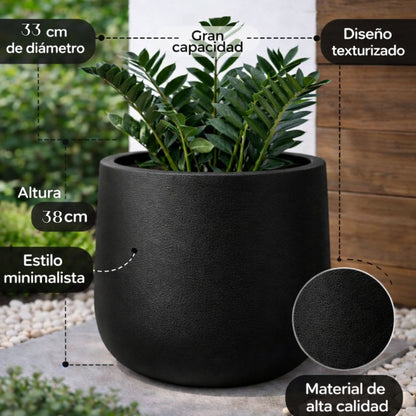 Maceta alta texturizada negra 33x38cm.