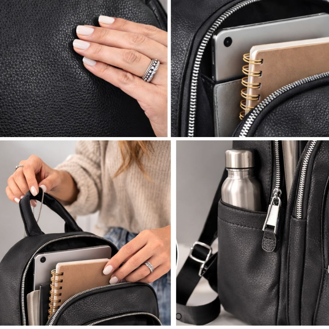 Mochila negra con bolsillos 41 x 30 x 12.5 cm.