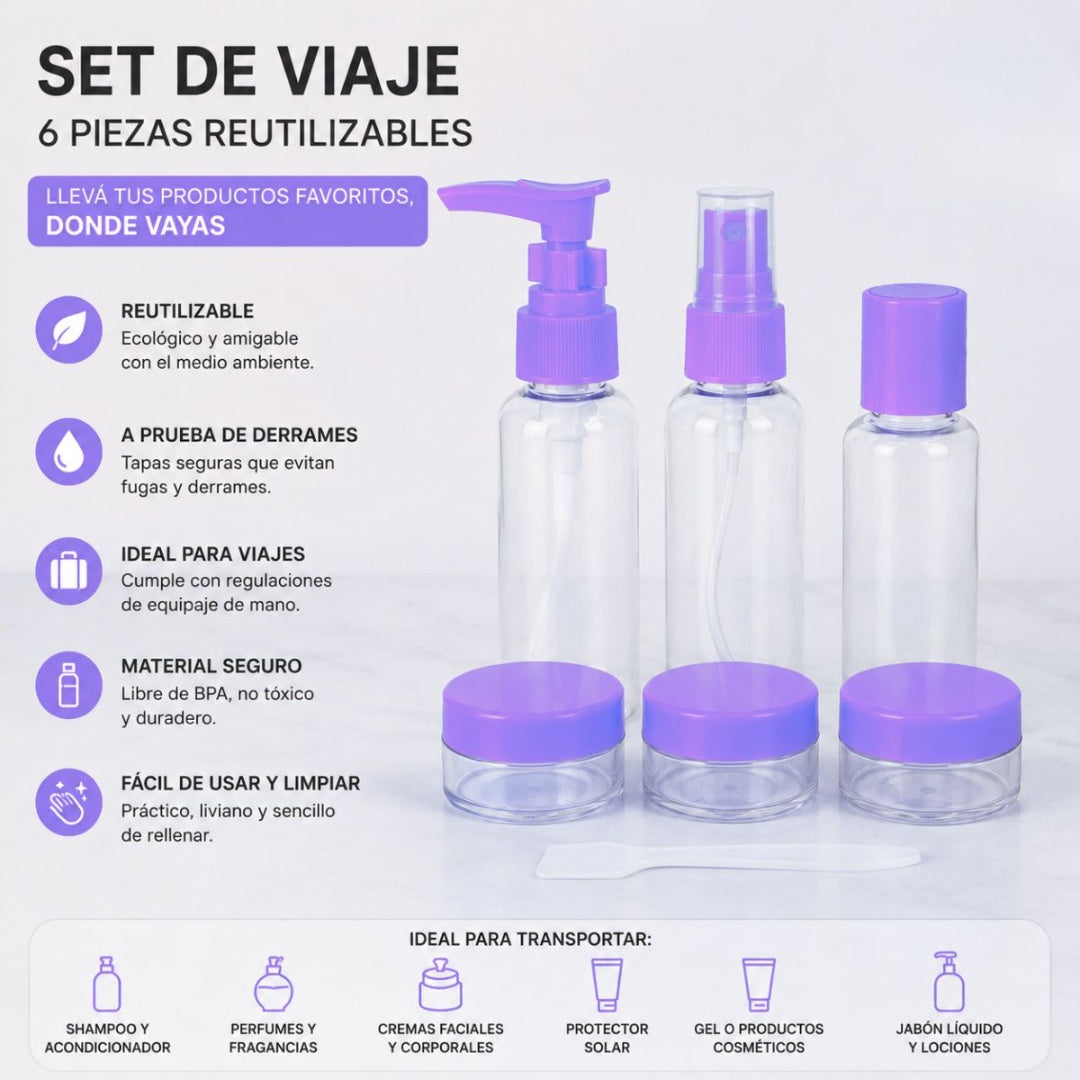 Set de 6 recipientes para viajes Lila