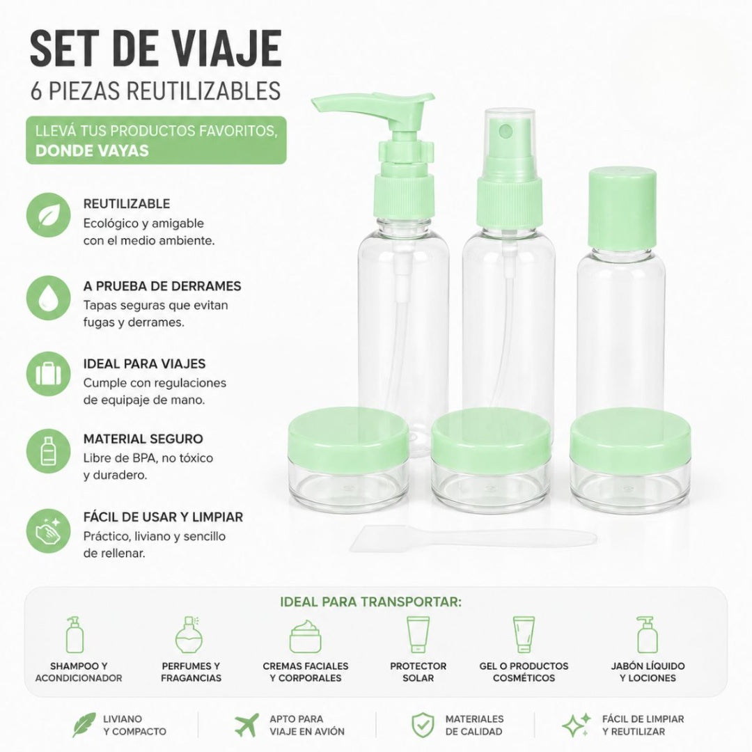 Set de 6 recipientes para viajes Verde