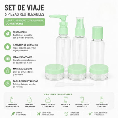 Set de 6 recipientes para viajes Verde