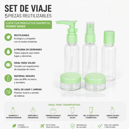 Set de 5 recipientes para viajes Verde