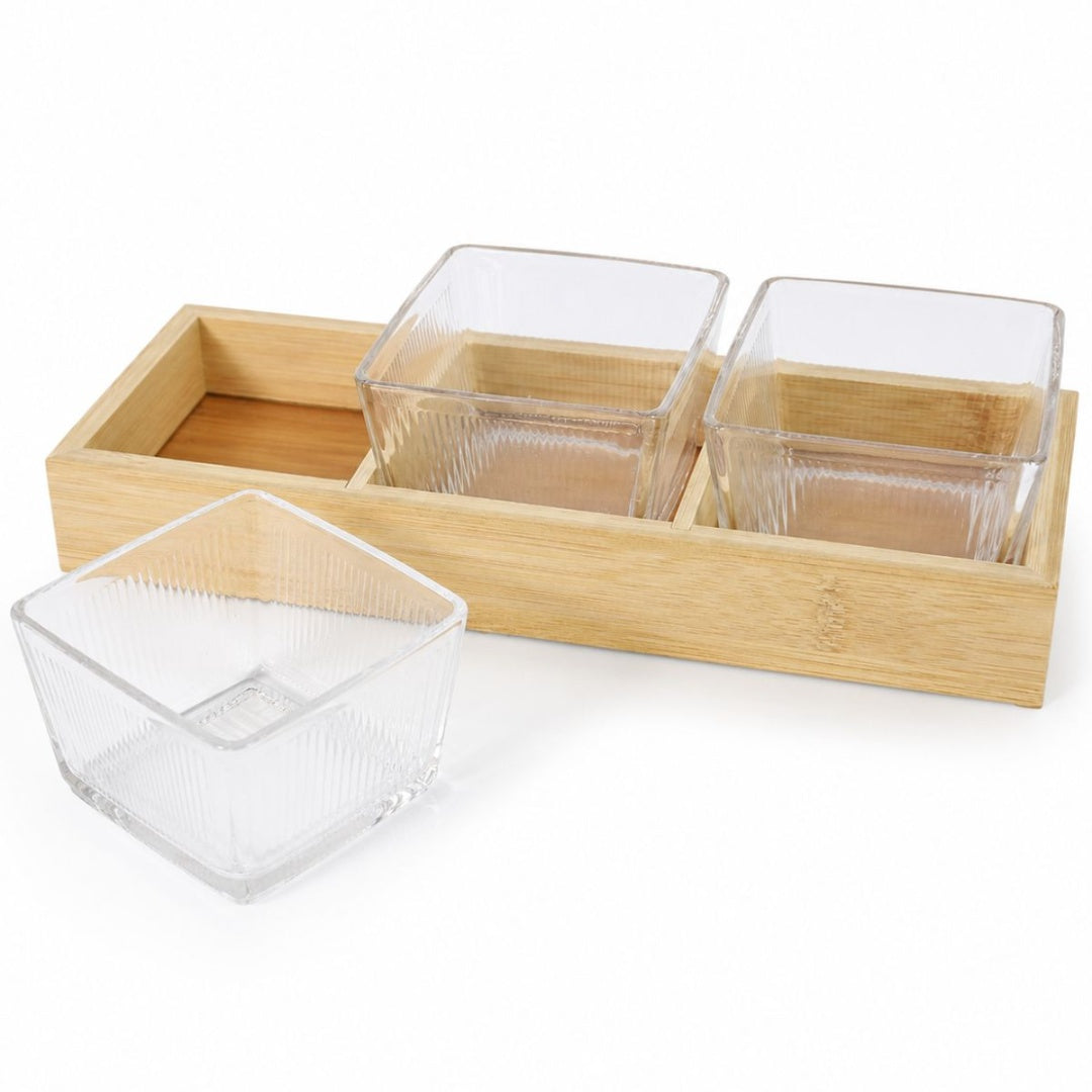 Set de copetineros de vidrio x 3 con base de madera