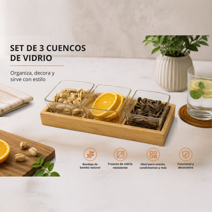 Set de copetineros de vidrio x 3 con base de madera
