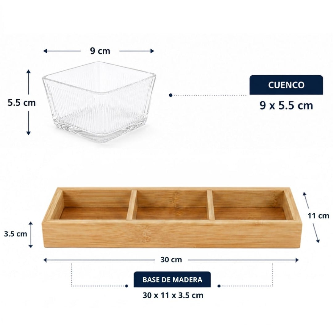 Set de copetineros de vidrio x 3 con base de madera