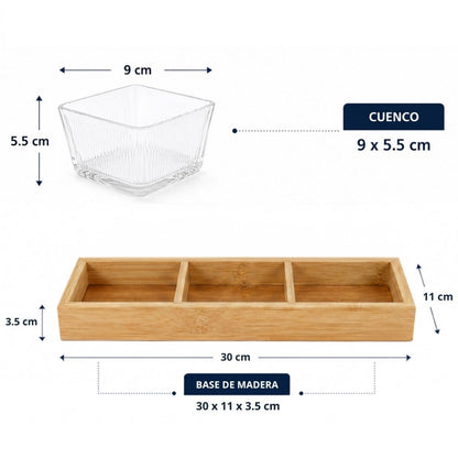 Set de copetineros de vidrio x 3 con base de madera