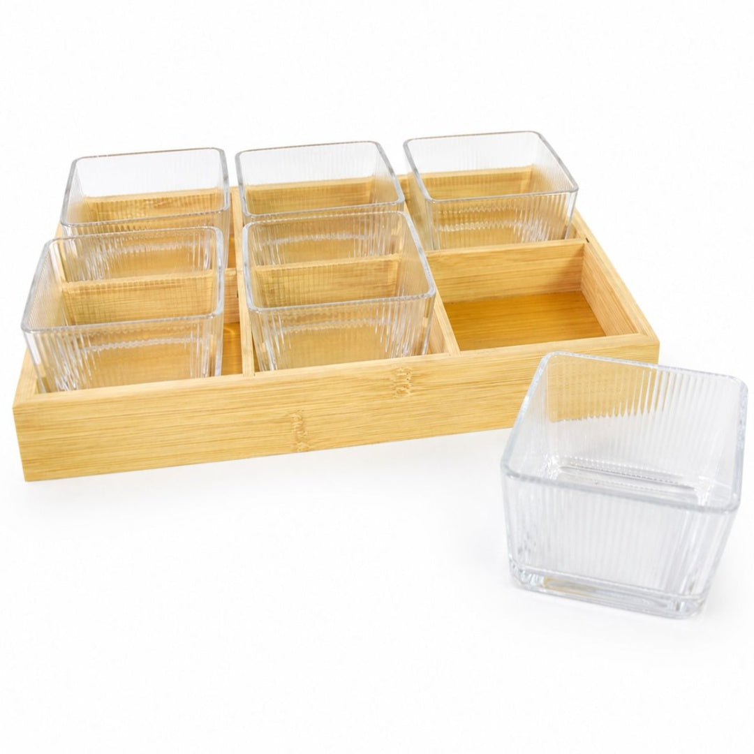 Set de copetineros de vidrio x 6 con base de madera