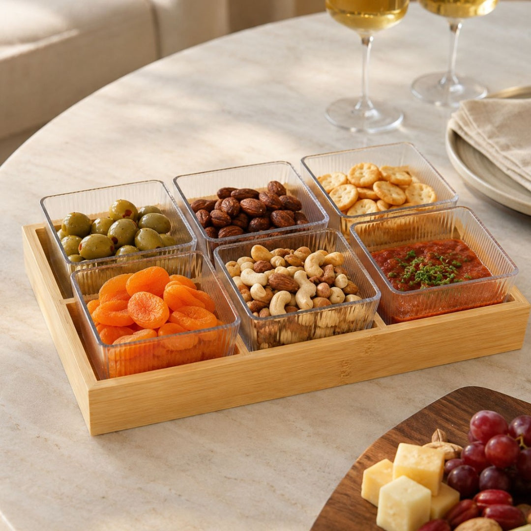 Set de copetineros de vidrio x 6 con base de madera