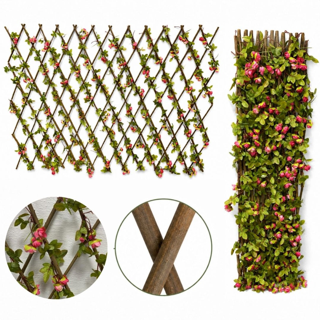 Cerco de madera natural extensible con flores artificiales 3mts