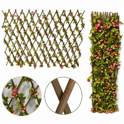 Cerco de madera natural extensible con flores artificiales 3mts