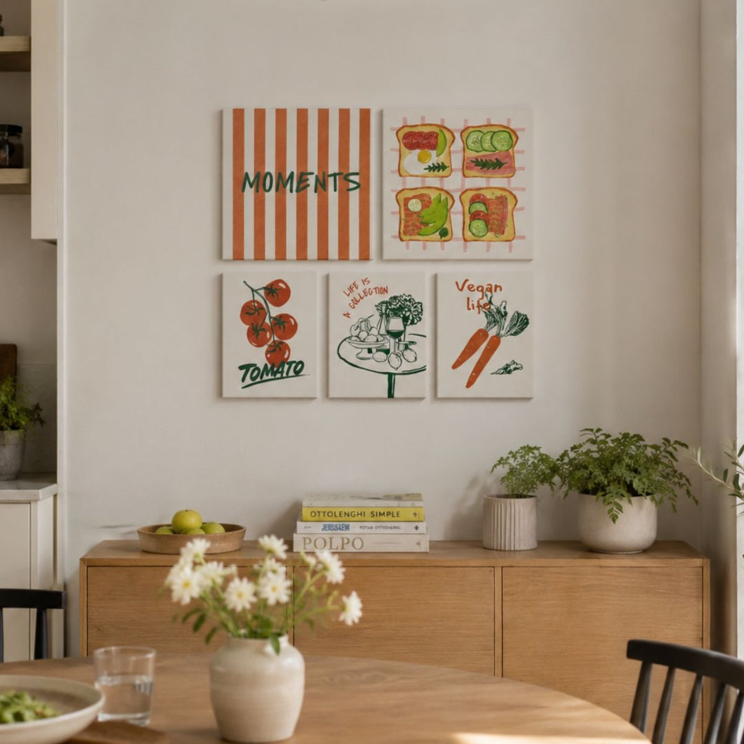 Set de 5 cuadros decorativos sin marco. Diseño comida