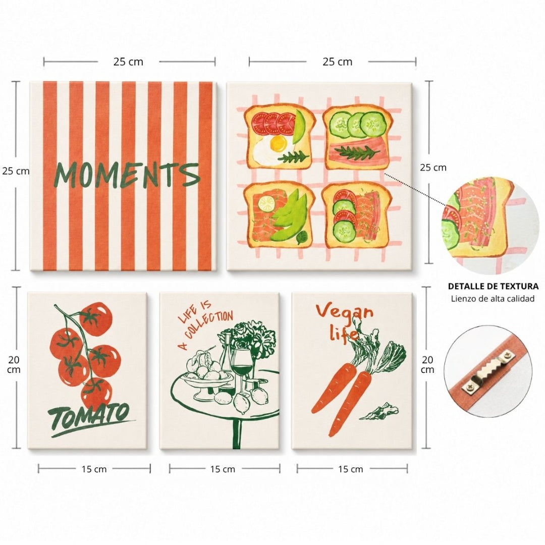 Set de 5 cuadros decorativos sin marco. Diseño comida
