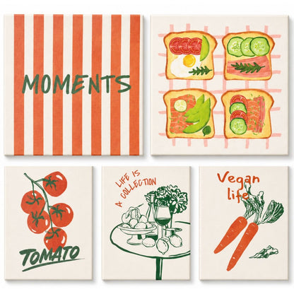 Set de 5 cuadros decorativos sin marco. Diseño comida