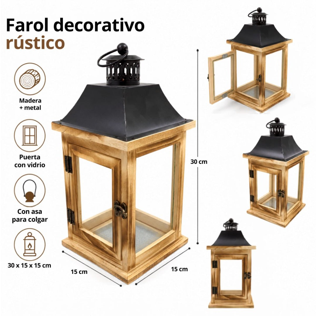 Farol decorativo rústico de madera y metal 30x15x15cm