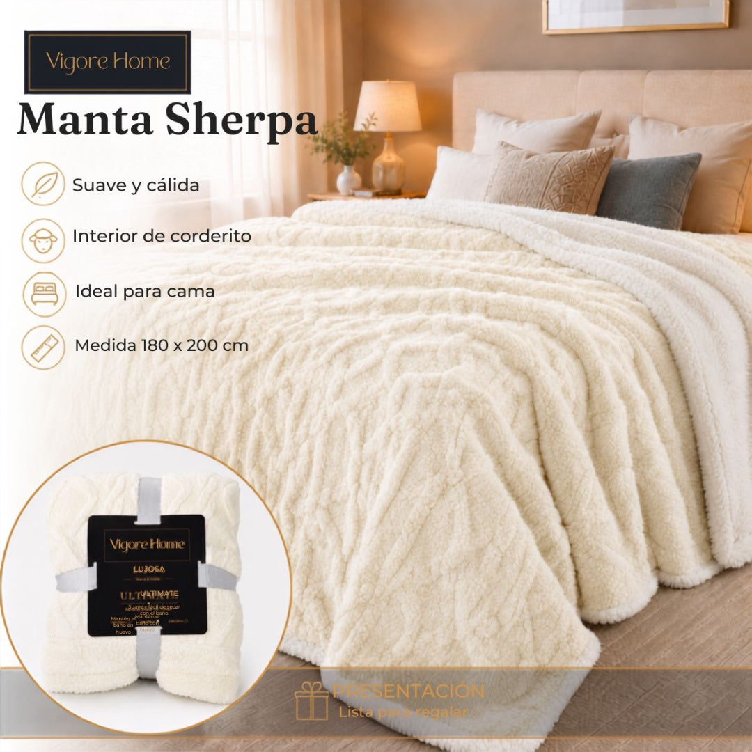 Manta sherpa texturizada crema 180x200cm. Vigore