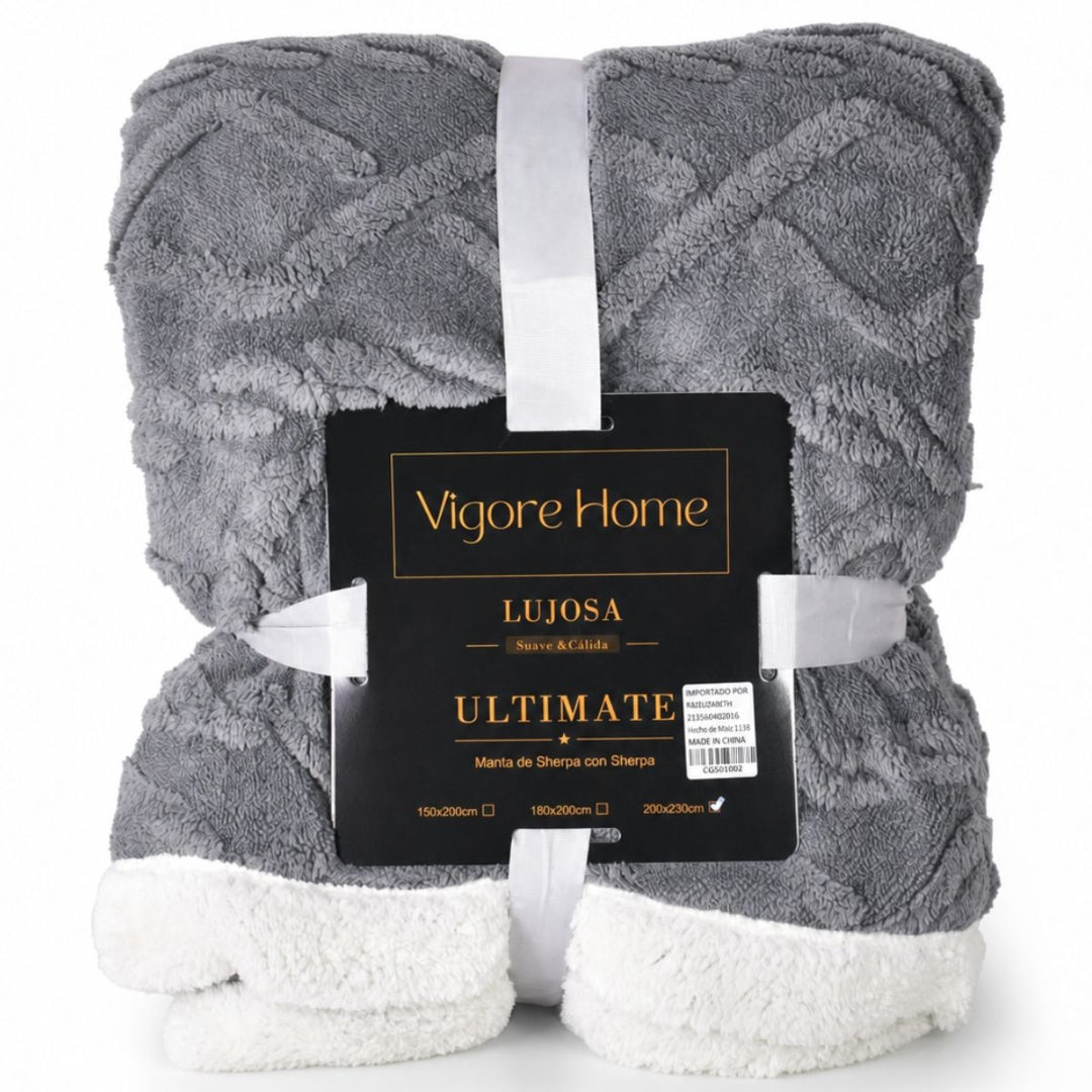 Manta sherpa texturizada gris 200x230cm. Vigore