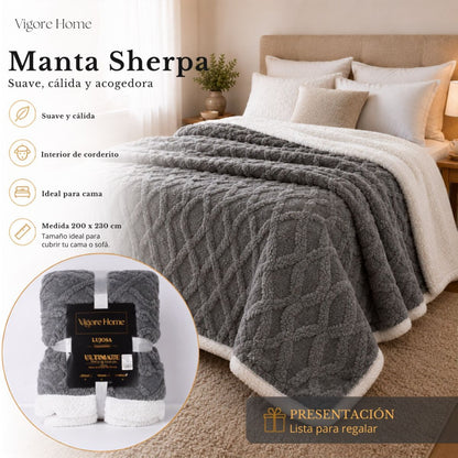 Manta sherpa texturizada gris 200x230cm. Vigore