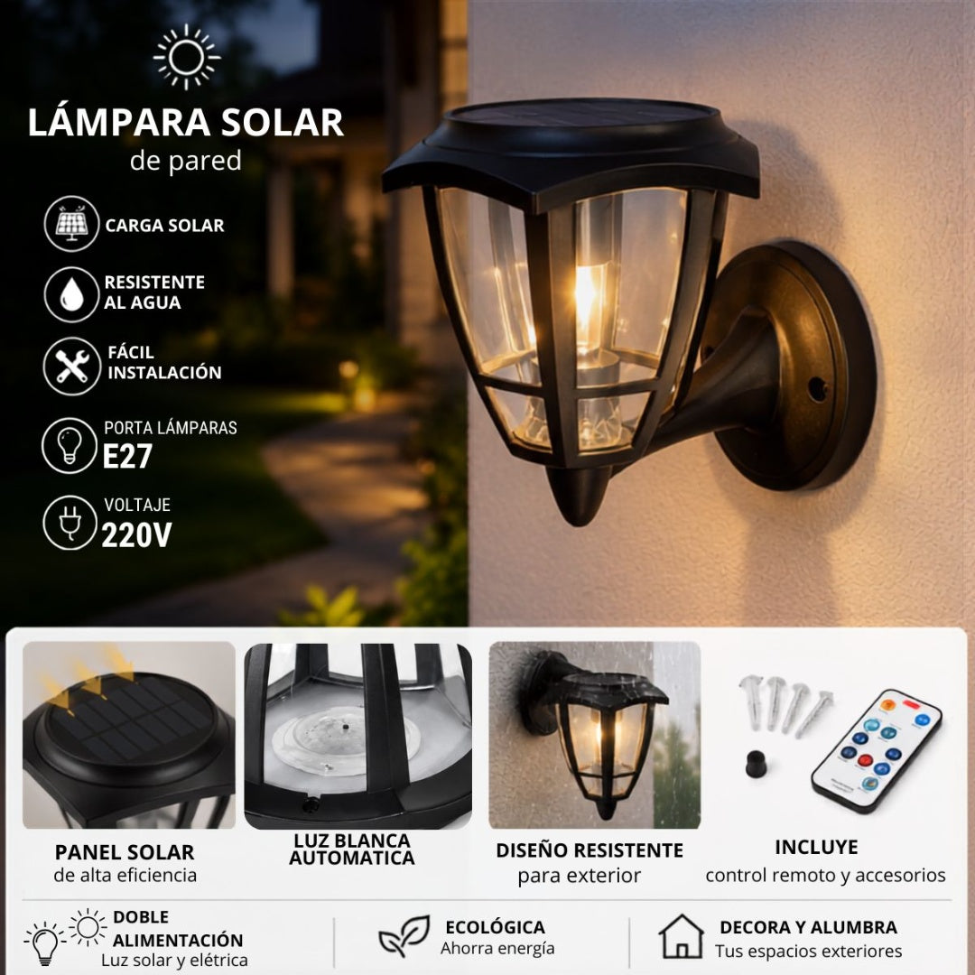 Lámpara de pared solar y eléctrica con control remoto 22x17cm