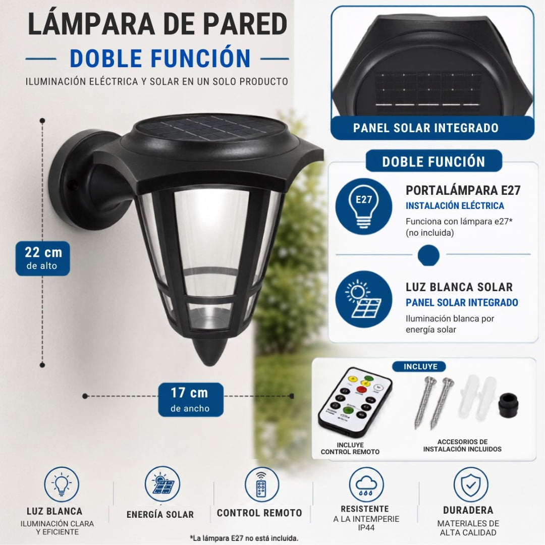 Lámpara de pared solar y eléctrica con control remoto 22x17cm