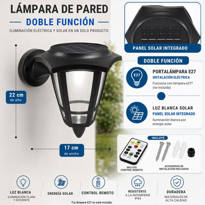 Lámpara de pared solar y eléctrica con control remoto 22x17cm